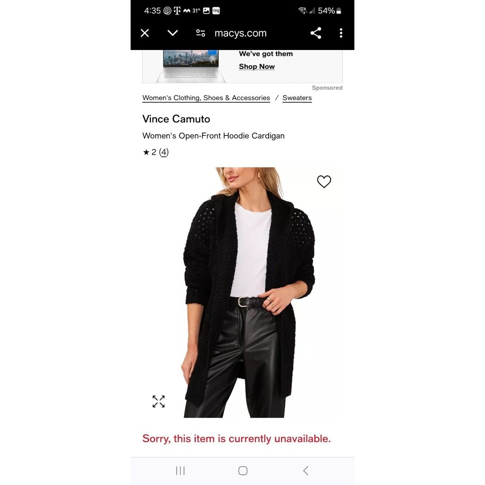 New Vince Camuto Women's Open-Front Black Knit Sweater Hooded Cardigan Size XS